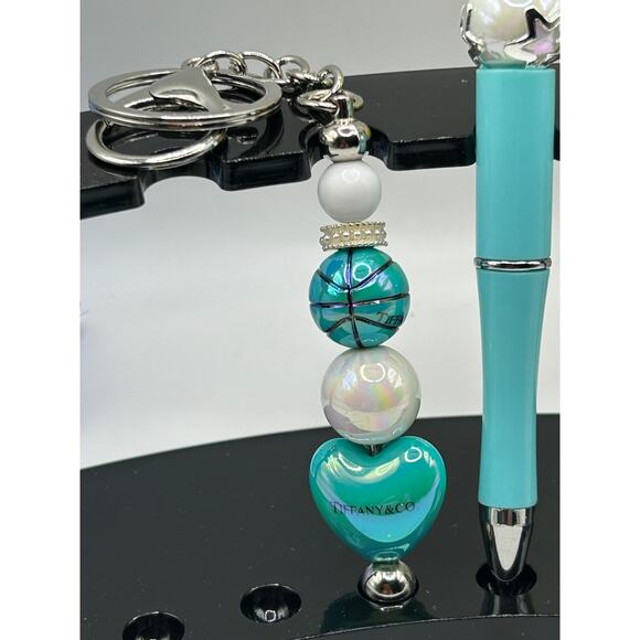 Tiffany Blue Beaded Pen & Keychain Set – Heart & Basketball Charm Gift - Picture 3 of 4